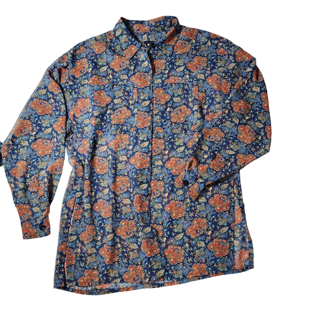 Lizsport Petite Navy Blue Floral Paisley Button‎ Down Blouse Shirt Small